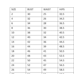May include: A size chart with measurements for bust, waist, and hips. The chart includes sizes from 2 to 30, with corresponding measurements in inches. The text "SIZE CHART" is at the top.