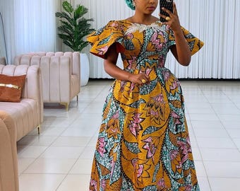 African dress, Plus size Long dress with pockets:  African print summer dress, ankara dress for parties, church and weddings
