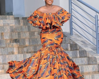 Off-Shoulder African Print Maxi Dress, plus size dress for African Wedding guest, mermaid style African prom dress for birthday photoshoot,