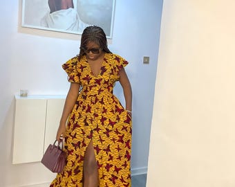 African Print Maxi Dress: Gold & Red Ankara, Plus Size Available