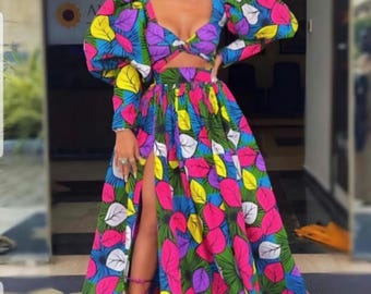 African Print Maxi Skirt Set: Ankara Puffy Sleeve Top, Plus Size