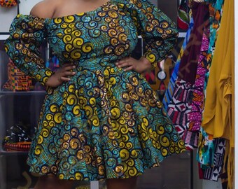 Plus size African print Mini Dress with Pockets: African clothing for women, Summer Dress