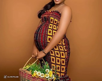 Stretchy African print maternity dress with pretied headwrap: Ankara baby shower outfit for pregnancy photoshoot