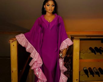 African boubou dress for women, Eid dress, luxurious silk Kaftan dress with organza sleeves, formal plus size dress, loose fitting kaftan