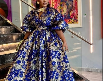 Brocade maxi dress with flared long sleeves. Plus size formal dresses for women