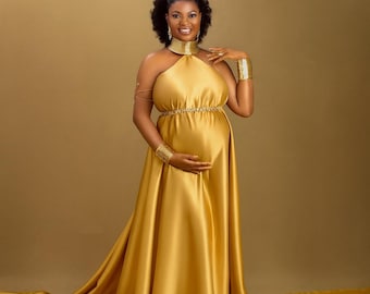 slim fit dress slacks Off White Off Shoulder Gold Mesh Maternity Maxi Dress