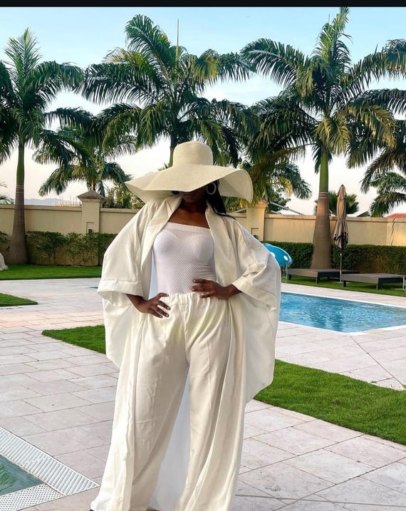 White linen kimono and pants set, vacation wear for Women, linen pants set, pallazzo pants, Plus size lounge sets for women