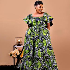 Grünes Maxikleid mit afrikanischem Druck und gekräuselten Ärmeln, plus Größe Afrikanisches Outfit für Frauen, Ankara-Kleid, Afrikanisches Hochzeitsgastkleid