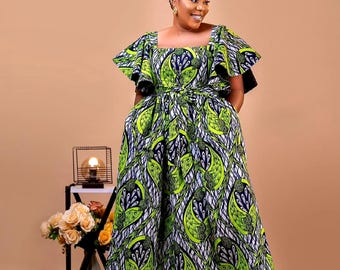 Green African Print Maxi Dress: Ankara Wedding Guest Outfit