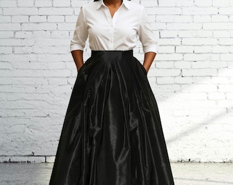 Black circle skirt, formal long skirts: custom made full ball skirts for church, dinner, christmas party wedding. Duchess silk fabric