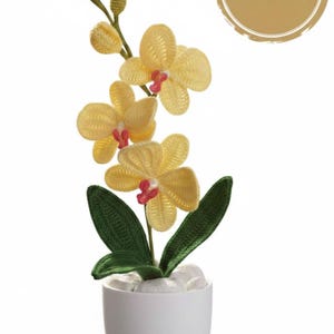May include: A crocheted yellow orchid plant in a white pot. The orchid has green leaves and red accents in the center of the flowers. The image includes a circular graphic with the text "PDF PATTERN".