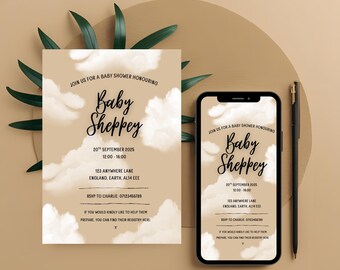 Sexe neutre, nuages beiges, invitation à une baby shower - modèle à téléchargement numérique