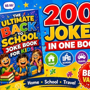 Op de afbeelding: Een kleurrijk boek met de titel "The Ultimate Back to School Joke Book for Kids" met de tekst "200 Jokes in One Book". De omslag toont illustraties van kinderen en schoolgerelateerde iconen. Een "Best Value" sticker is ook zichtbaar.