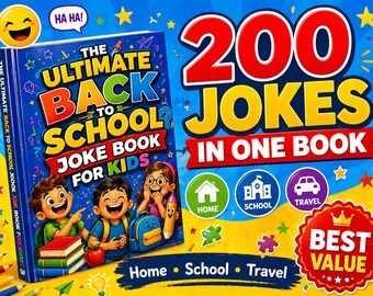 Puede incluir: Una colorida portada de libro titulada "The Ultimate Back to School Joke Book for Kids" con el texto "200 Jokes in One Book". La portada presenta ilustraciones de niños e iconos escolares. También es visible una pegatina de "Best Value".