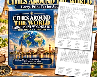 May include: A large-print word search book titled Cities Around the World for Adults & Seniors, featuring a globe and famous landmarks on the cover. The book includes 50 shaped puzzles with 1,000 city-themed words and complete solutions included.