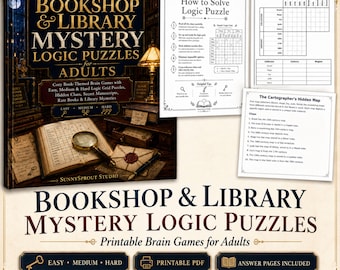 Bookshop & Library Mystery Logic Puzzles for Adults Printable PDF, Cozy Brain Games