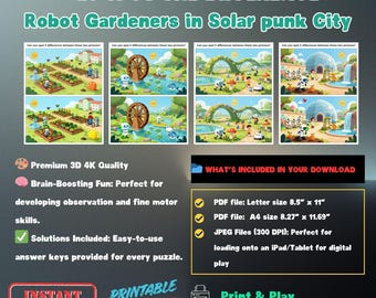Robot Gardeners Spot The Difference Puzzle, Solarpunk Kids Activity (Digital Download)