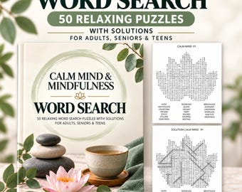 May include: A book titled Calm Mind & Mindfulness Word Search featuring 50 relaxing puzzles for adults, seniors, and teens. The cover displays a stack of smooth gray stones, a pink lotus flower, a ceramic tea cup, and green leaves.