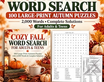 May include: A book titled Cozy Fall Word Search for Adults & Teens featuring 100 large-print autumn puzzles, 2,000 words, and complete solutions. The cover displays a pumpkin, a mug, and books. Two puzzle pages are shown with a grid of letters.