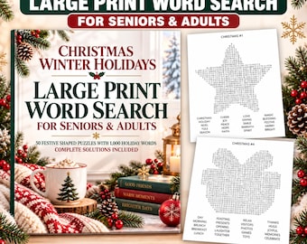 May include: A Christmas and winter holidays large print word search book for seniors and adults. The cover features a white mug with a Christmas tree, stacked books, and two sample puzzle pages showing star and gift-shaped word grids.