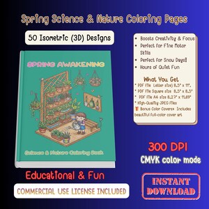 以下が含まれることがあります： 「Spring Awakening」というタイトルの、庭のシーンが描かれたターコイズ色の表紙の塗り絵。この本には50の等角図デザインが含まれており、教育と娯楽を目的としています。表紙のテキストは「Science & Nature Coloring Book」です。