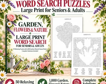 May include: A book titled 50 Unique Garden-Themed Word Search Puzzles Large Print for Seniors & Adults, featuring floral borders, a watering can, and a bird. Two sample puzzle pages are displayed, showing word lists and grid layouts.
