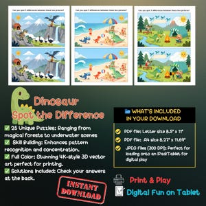 Puede incluir: Una descarga digital con un juego "Dinosaurio Encuentra las Diferencias" con 25 rompecabezas únicos. Los rompecabezas varían desde bosques mágicos hasta escenas submarinas. Incluye archivos PDF y JPEG para imprimir y jugar digitalmente.