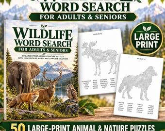 May include: A Wildlife Word Search book for adults and seniors featuring 50 large-print animal and nature puzzles with 1,000 wildlife words and solutions. The cover displays an elephant, a deer, a fox, and an owl against a mountain landscape.