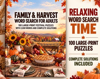 May include: A book titled Family & Harvest Word Search for Adults featuring 100 large-print festival puzzles with 2,000 words and complete solutions. The cover displays a fall harvest scene with pumpkins, a pie, and autumn leaves.