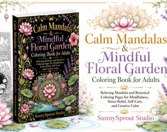 Calm Mandalas & Mindful Floral Garden Coloring Book for Adults Printable PDF, Stress Relief Pages