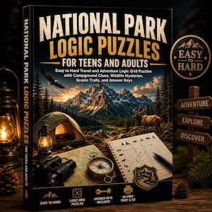 May include: A book titled National Park Logic Puzzles for Teens and Adults featuring a mountain landscape, a tent, an elk, binoculars, a compass, and a logic grid. The cover includes text about travel and adventure puzzles, answer keys, and difficulty levels.