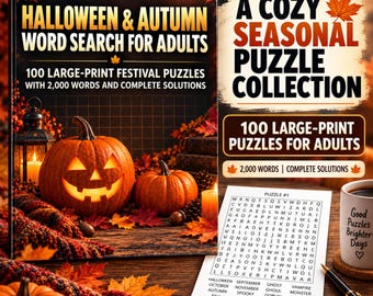 May include: A Halloween and Autumn word search book for adults featuring 100 large-print puzzles and 2,000 words. The cover displays a carved jack-o'-lantern, autumn leaves, and a lantern. A sample puzzle page and a mug are placed next to the book.