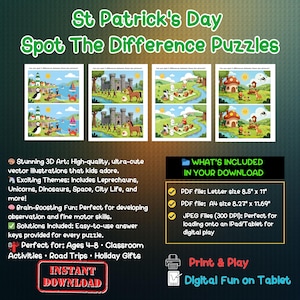 May include: Digital St. Patrick's Day Spot the Difference puzzles with colorful illustrations. Includes themes like leprechauns and unicorns. Perfect for ages 4-8. Instant download with PDF and JPEG files.