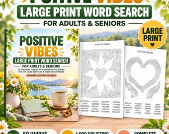 May include: A large print word search book titled POSITIVE VIBES FOR ADULTS & SENIORS featuring 50 unique shaped puzzles, 1,000 uplifting words, and complete solutions. The cover displays a landscape with a book, a mug, and a butterfly.