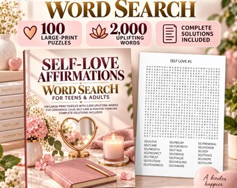 May include: A book titled Self-Love Affirmations Word Search for Teens & Adults, featuring 100 large-print puzzles and 2,000 words. The cover displays a heart-shaped mirror, a candle, and a notebook. A sample puzzle page is shown alongside.