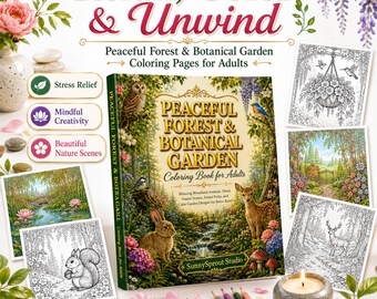 Peaceful Forest & Botanical Garden Coloring Book for Adults, Printable PDF Coloring Pages