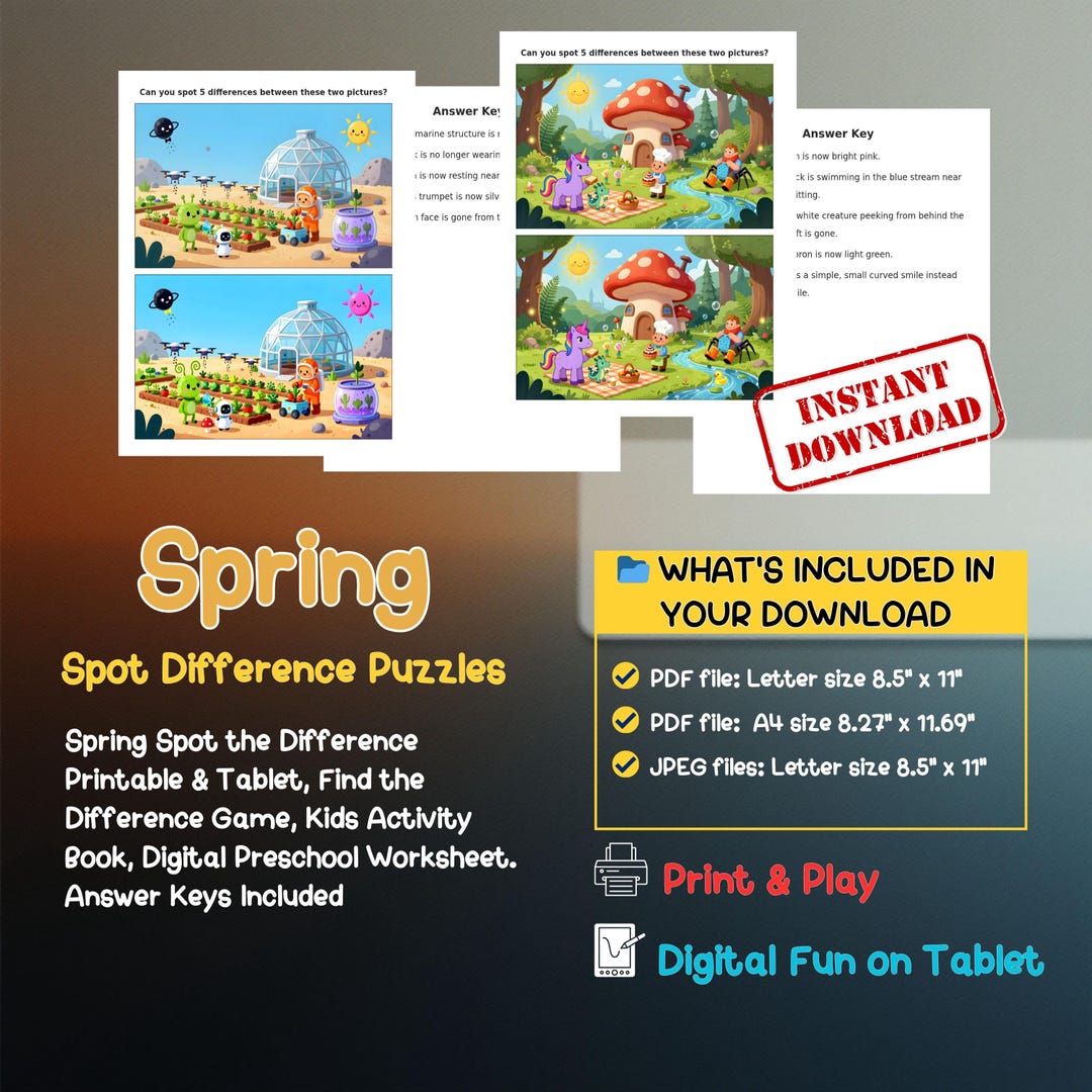 Spring Spot the Difference Printable & Tablet, Find the Difference Game ...