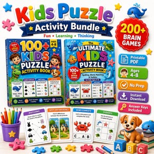 Kids Puzzle Activity Bundle PDF, 200+ Brain Games, Ages 4-8, No Prep Printable Worksheets