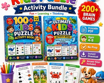 Kids Puzzle Activity Bundle PDF, 200+ Brain Games, Ages 4-8, No Prep Printable Worksheets