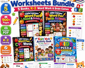 Kids Activity Worksheets Bundle, K-2 Word Work, Phonics, Sight Words & Brain Games PDF