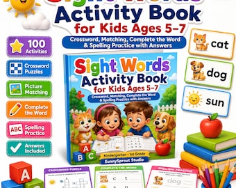 Sight Words Activity Book for Kids Ages 5-7 | Kindergarten Spelling Worksheets (Digital PDF)