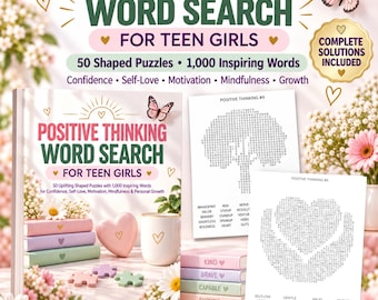May include: A book titled Positive Thinking Word Search for Teen Girls featuring 50 shaped puzzles and 1,000 inspiring words. The cover displays a stack of pastel books, a heart-shaped object, and a mug. Two puzzle pages are shown with word lists.