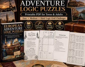 European Adventure Logic Puzzles | Travel Grid Challenges (PDF Download)