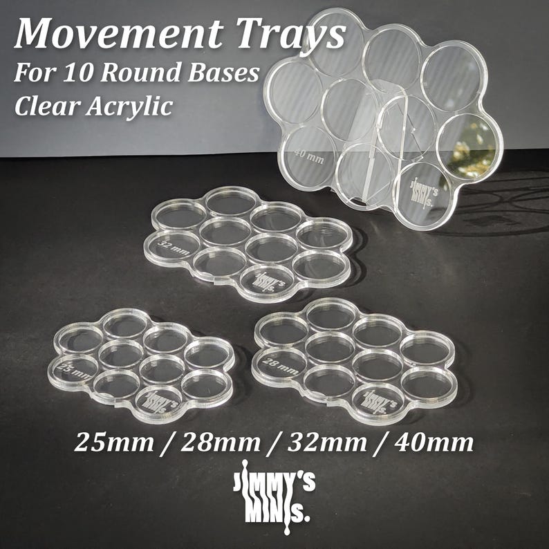Op de afbeelding: Transparante acryl bewegingsbakken voor 10 ronde bases. De bakken zijn verkrijgbaar in de maten 25 mm, 28 mm, 32 mm en 40 mm. De tekst op de afbeelding luidt "Movement Trays For 10 Round Bases Clear Acrylic" en "JIMMY'S MINIS."