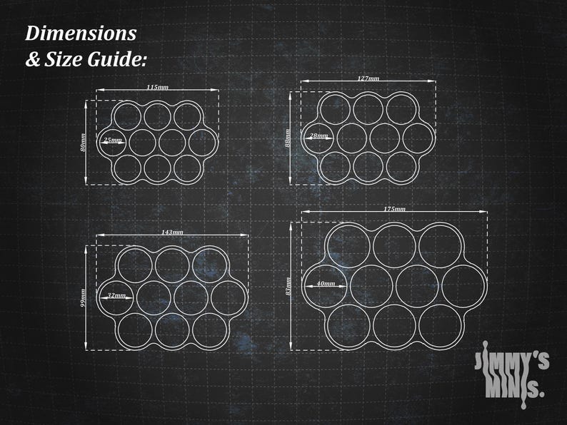 Op de afbeelding: Diagram van vier trays van verschillende grootte met cirkelvormige compartimenten, elk met afmetingen in millimeters. De tekst "Dimensions & Size Guide" staat bovenaan. Het logo "Jimmy's MINIS" staat rechtsonder.
