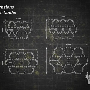 May include: Diagram showing four circular trays of varying sizes, with dimensions in millimetres. The trays are designed to hold multiple circular objects. The image includes the text "Dimensions & Size Guide:" and the logo "Jimmy's MINIS."