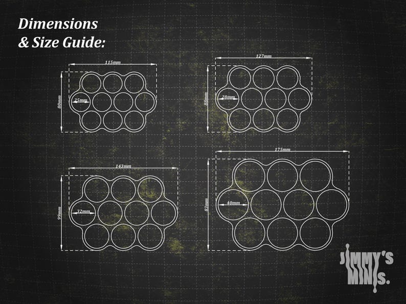 May include: Diagram showing four circular trays of varying sizes, with dimensions in millimetres. The trays are designed to hold multiple circular objects. The image includes the text "Dimensions & Size Guide:" and the logo "Jimmy's MINIS."