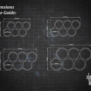 May include: Diagram of four different-sized, white, circular-holed trays on a dark background. Each tray has six holes. Dimensions are provided in millimeters, with the largest tray measuring 154mm long and 83mm wide. The text "Dimensions & Size Guide" is at the top.
