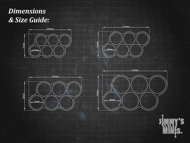 May include: Diagram of four different-sized, white, circular-holed trays on a dark background. Each tray has six holes. Dimensions are provided in millimeters, with the largest tray measuring 154mm long and 83mm wide. The text "Dimensions & Size Guide" is at the top.