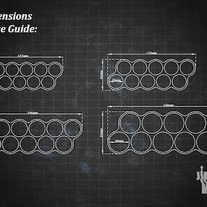 May include: Diagram showing four miniature storage trays with dimensions in millimetres. The trays are white outlines on a dark background, with the text "Dimensions & Size Guide:" at the top. The logo "Jimmy's Minis" is in the bottom right corner.